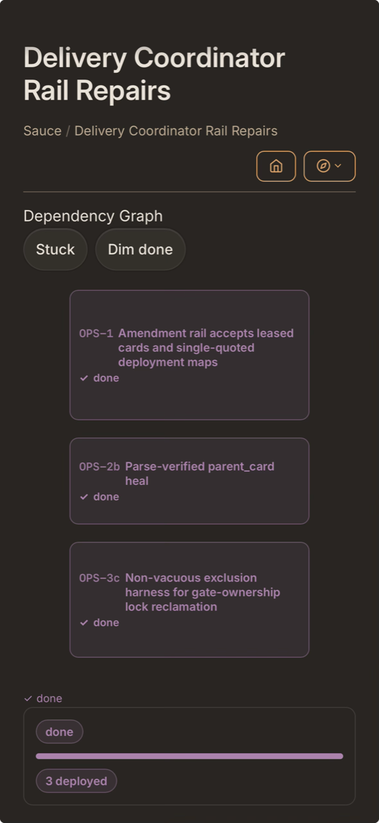 Obsidian on a phone showing the epic note Delivery Coordinator Rail Repairs: three slice cards, OPS-1, OPS-2b and OPS-3c, each marked done, and a rollup reading 3 deployed
